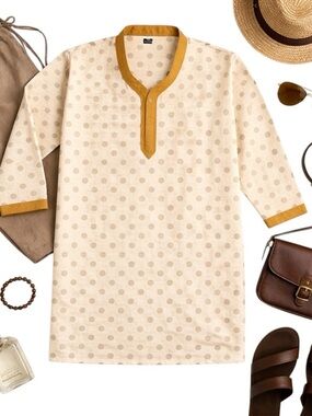 Azania Jade Blue Off White Polka Dot Kurta Mandarin Collar Size 40 NWT Modern